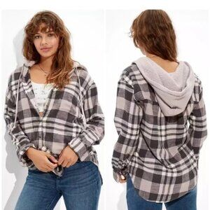 American Eagle Women's BU Sherpa Hoodie Plaid Flannel Shirt Lavender Black